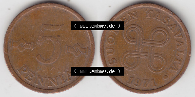 Münzen Finnland / SUOMI Eurovorläufer, Umlaufmünze vor Euroeinführung 1963-1977, 5 Penniä. Rückseite und Vorderseite horizontal... Sammlung