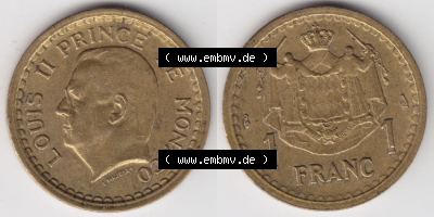 Münzen Monaco / Mu̍negu Eurovorläufer, Umlaufmünze vor Euroeinführung 1945-1945, 1 Fr, Franc, Franken, Louis II Prince de... Sammlung