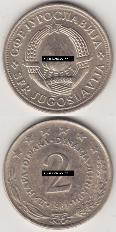 Münzen Jugoslawien (Land wurde 2003 aufgelöst), Umlaufmünze 1971-1981, 2 Dinar 1981 (4) Sammlung