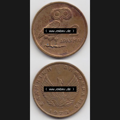 Münzen Griechenland Eurovorläufer, Umlaufmünze vor Euroeinführung 1973, 2 Apaxmai, Drachmen. VS+RS auf einen Bild/Foto,, untereinander... Sammlung