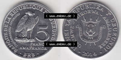 Münzen aus Afrika Burundi Umlaufmünze 2014-2014, 5 Francs Vögel-Afrikanischer Adler (3) Sammlung