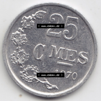 Münzen Luxemburg / Lëtzebuerg Eurovorläufer, Umlaufmünze vor Euroeinführung 1954-1972, 25 Centimes - C-MES 1970 II. (1) Sammlung
