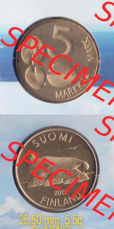 Münzen Finnland / SUOMI Eurovorläufer, Umlaufmünze vor Euroeinführung 2001, 5 Markkaa, Mark. Rückseite und Vorderseite vertikal untereinander für... Sammlung