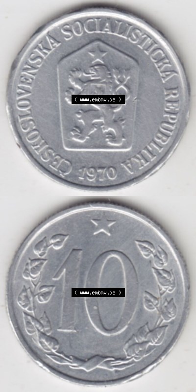 Münzen Tschechoslowakei (Land wurde 1992 aufgelöst), Umlaufmünze 1961-1971, 10 h, Haleru, Heller 1970 (4) Sammlung