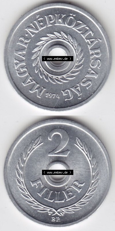 Münzen Ungarn / Magyarország Eurovorläufer, Umlaufmünze vor Euroeinführung 1950-1989 2 Filler 1974 (4) Sammlung
