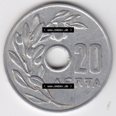 Münzen Griechenland Eurovorläufer, Umlaufmünze vor Euroeinführung 1959, 20 Aenta, Lepta. Vorderseite einer Münze aus Griechenland... Sammlung