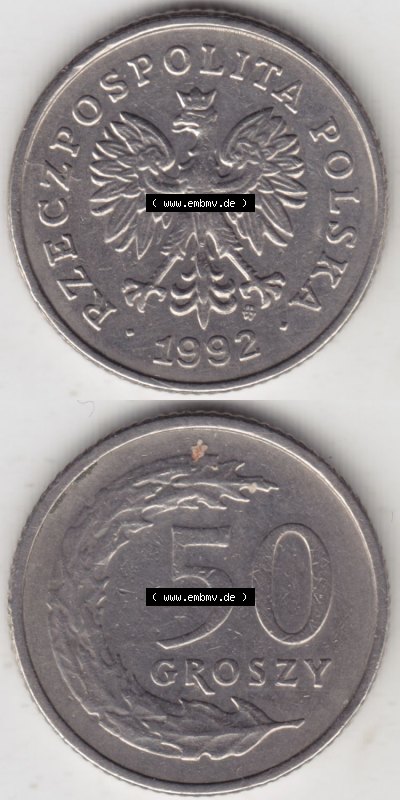 Münzen Polen / Polska Eurovorläufer, Umlaufmünze vor Euroeinführung 1990-2016, 50 Groszy 1992 (4) Sammlung