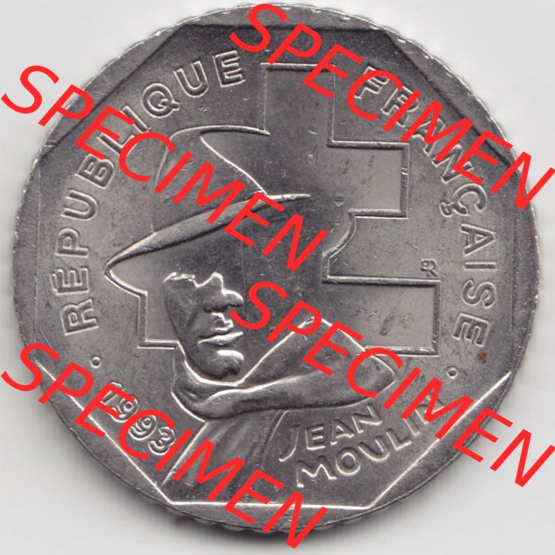 Münzen Frankreich Eurovorläufer, Umlaufmünze vor Euroeinführung 1993-1993, 2 Francs Jean Moulin. Rückseite einer Münze aus Europa als Digitales Bild /... Sammlung