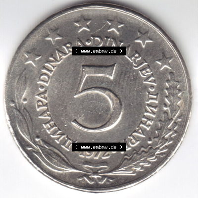 Münzen Jugoslawien (Land wurde 2003 aufgelöst), Umlaufmünze 1971-1981, 5 Dinara, Dinarjev 1972 (1) Sammlung