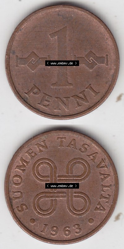 Münzen Finnland / SUOMI Eurovorläufer, Umlaufmünze vor Euroeinführung 1963-1969, 1 Penni 1963. Rückseite und Vorderseite... Sammlung
