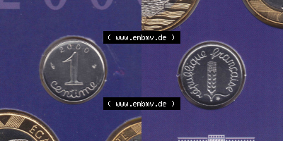 Münzen Frankreich Eurovorläufer, Umlaufmünze vor Euroeinführung 2000, 1 Centime. Vorderseite und Rückseite Nebeneinander... Sammlung