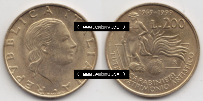 Münzen Italien / Italia Eurovorläufer, Umlaufmünze vor Euroeinführung 1999-1999, 200 Lire Carabinieri, Schutz der Kunsterbe... Sammlung