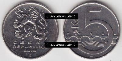 Münzen Tschechische Republik / Tschechin Eurovorläufer, Umlaufmünze vor Euroeinführung 1993-2013, 5 Kc, 5 Kronen 2010 (3) Sammlung