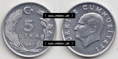 Münzen Türkei / Türkiye Eurovorläufer, Umlaufmünze vor Euroeinführung 1984-1989, 5 Lira - Lire (3) Sammlung