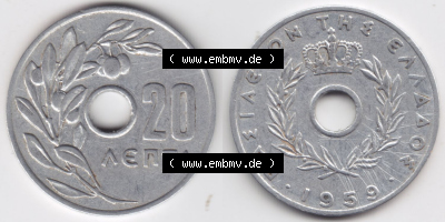 Münzen Griechenland Eurovorläufer, Umlaufmünze vor Euroeinführung 1959, 20 Aenta, Lepta. VS+RS auf einen Bild/Foto einer Münze... Sammlung