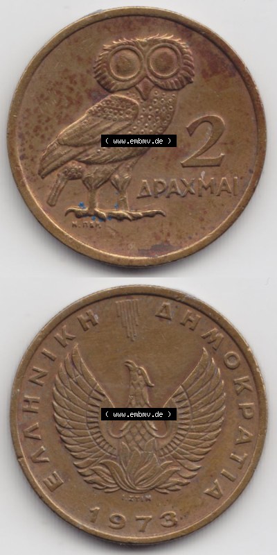 Münzen Griechenland Eurovorläufer, Umlaufmünze vor Euroeinführung 1973, 2 Apaxmai, Drachmen. VS+RS auf einen Bild/Foto,, untereinander... Sammlung