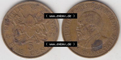 Münzen aus Afrika Kenia / Kenya Umlaufmünze 1969-1978, 5 Cent des Schillings 1971 (3) Sammlung