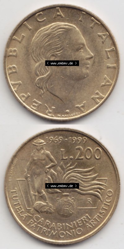 Münzen Italien / Italia Eurovorläufer, Umlaufmünze vor Euroeinführung 1999-1999, 200 Lire Carabinieri, Schutz der Kunsterbe... Sammlung