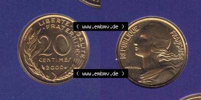 Münzen Frankreich Eurovorläufer, Umlaufmünze vor Euroeinführung 2000, 20 Centimes. Vorderseite und Rückseite Nebeneinander... Sammlung
