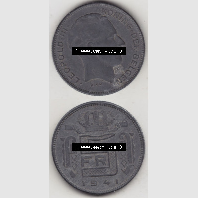 Münzen Belgien Eurovorläufer, Umlaufmünze vor Euroeinführung 1941-1946, 5 Franken 1941, Der Belgen (4) Sammlung