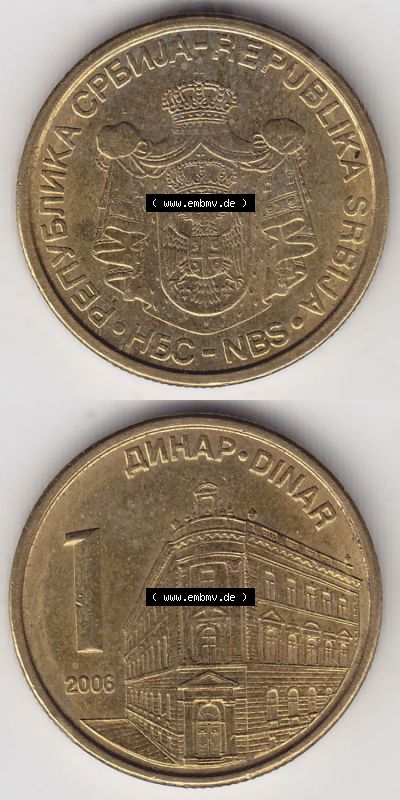 Münzen Serbien Eurovorläufer, Umlaufmünze vor Euroeinführung 2005-2009, 1 Dinar 2006 (4) Sammlung