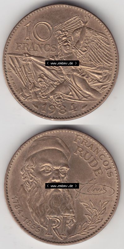 Münzen Frankreich Eurovorläufer, Umlaufmünze vor Euroeinführung 1984-1984, 10 Francs Francois Rude. Vorderseite und Rückseite... Sammlung