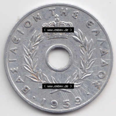 Münzen Griechenland Eurovorläufer, Umlaufmünze vor Euroeinführung 1959, 20 Aenta, Lepta. Rückseite einer Münze aus Griechenland... Sammlung