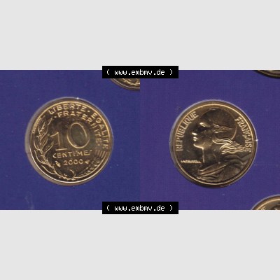 Münzen Frankreich Eurovorläufer, Umlaufmünze vor Euroeinführung 2000, 10 Centimes. Vorderseite und Rückseite Nebeneinander einer Münze aus Europa als Digitales... Sammlung