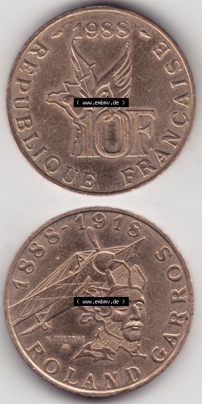 Münzen Frankreich Eurovorläufer, Umlaufmünze vor Euroeinführung 1988-1988, 10 Francs Roland Garros. Vorderseite und Rückseite... Sammlung