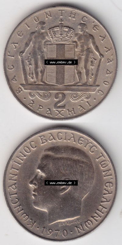 Münzen Griechenland Eurovorläufer, Umlaufmünze vor Euroeinführung 1970, 2 Apaxmai, Drachmen. VS+RS auf einen Bild/Foto,, untereinander... Sammlung