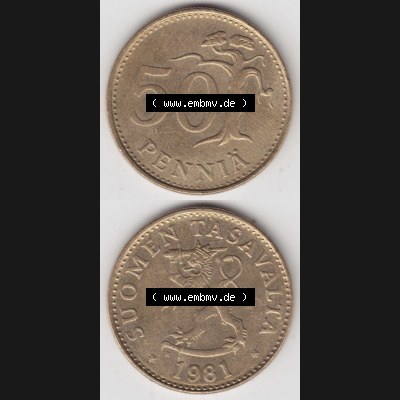 Münzen Finnland / SUOMI Eurovorläufer, Umlaufmünze vor Euroeinführung 1963-1990, 50 Penniä 1981. Rückseite und Vorderseite vertikal untereinander für... Sammlung