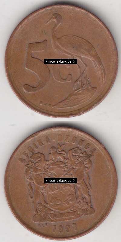 Münzen aus Afrika Südafrika / South Africa Umlaufmünze 1996-2000, 5 Cent 1997 (4) Sammlung