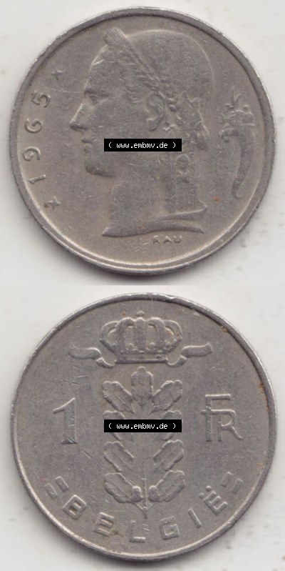 Münzen Belgien Eurovorläufer, Umlaufmünze vor Euroeinführung 1950-1988, 1 Francs-Franken 1965 Belgie (4) Sammlung