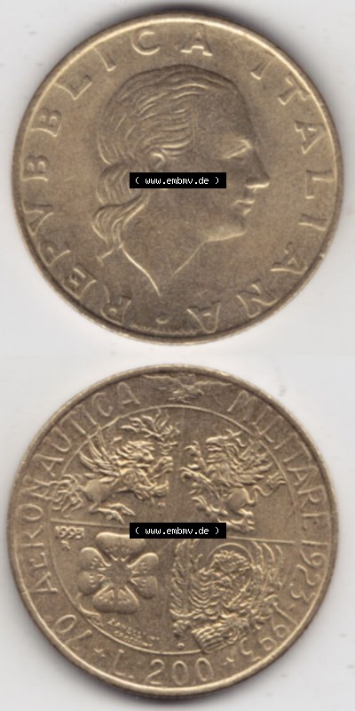 Münzen Italien / Italia Eurovorläufer, Umlaufmünze vor Euroeinführung 1993-1993, 200 Lire Militärischen Luftfahrt (4) Sammlung