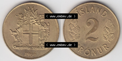 Münzen Island Eurovorläufer, Umlaufmünze vor Euroeinführung 1958-1966, 2 KR Kronur, Kronen 1966 (3) Sammlung
