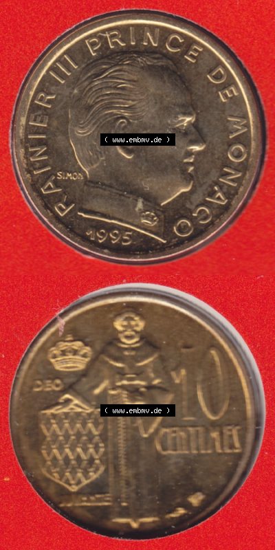 Münzen Monaco / Mu̍negu Eurovorläufer, Umlaufmünze vor Euroeinführung 1962-1995, 10 Centimes 1995 (4) Sammlung