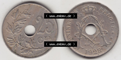 Münzen Belgien Eurovorläufer, Umlaufmünze vor Euroeinführung 1910-1929, 25 Cen, 1928 Centimes Koninkrijk Belgie (3) Sammlung