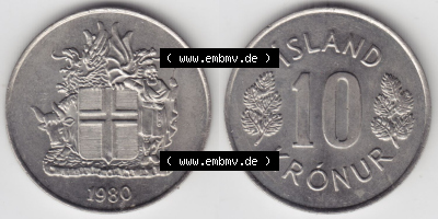 Münzen Island Eurovorläufer, Umlaufmünze vor Euroeinführung 1967-1980, 10 Kronur, Kronen 1980 (3) Sammlung