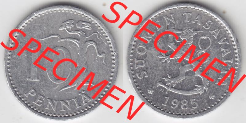 Münzen Finnland / SUOMI Eurovorläufer, Umlaufmünze vor Euroeinführung 1983-1990, 10 Penniä 1985. Rückseite und Vorderseite horizontal nebeneinander... Sammlung
