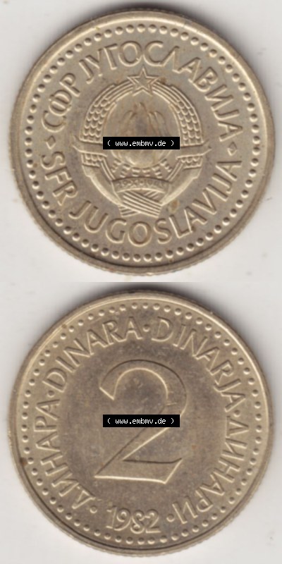 Münzen Jugoslawien (Land wurde 2003 aufgelöst), Umlaufmünze 1982-1986, 2 Dinar 1982 (4) Sammlung
