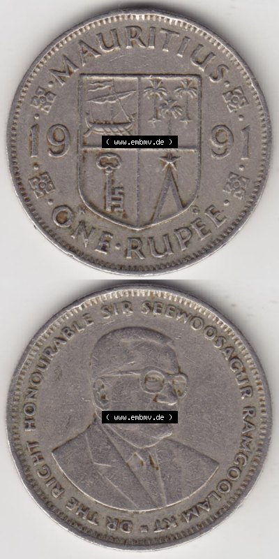 Münzen aus Afrika Mauritius Umlaufmünze 1987-2010, 1 Rupie, 1 Rupee 1991 (4) Sammlung