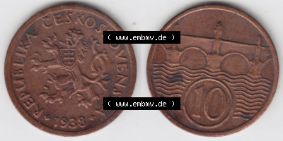 Münzen Tschechoslowakei (Land wurde 1992 aufgelöst), Umlaufmünze 1922-1938, 10 h, Heller, Haleru 1938 (3) Sammlung