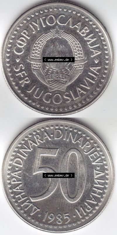 Münzen Jugoslawien (Land wurde 2003 aufgelöst), Umlaufmünze 1985-1988, 50 Dinara, Dinarjev 1985 (4) Sammlung