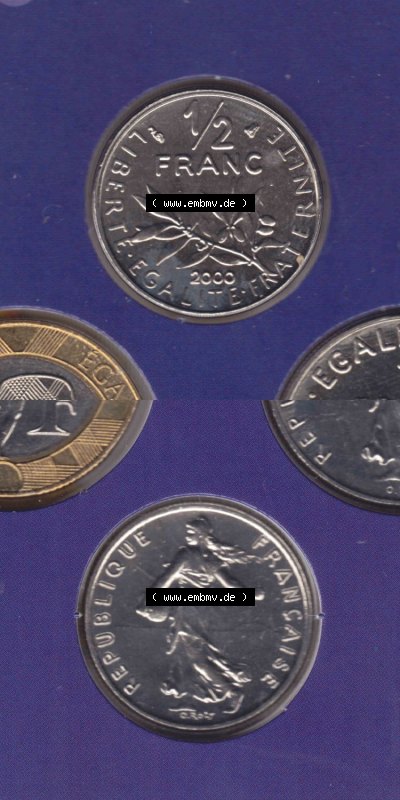 Münzen Frankreich Eurovorläufer, Umlaufmünze vor Euroeinführung 2000, 1/2 Francs. Vorderseite und Rückseite Vertikal Untereinander,... Sammlung