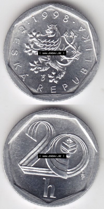 Münzen Tschechische Republik / Tschechin Eurovorläufer, Umlaufmünze vor Euroeinführung 1998-2004, 20 h, 20 Heller 1998 (4) Sammlung