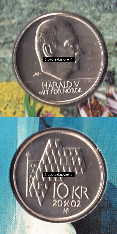 Münzen Norwegen / Norway Eurovorläufer, Umlaufmünze vor Euroeinführung 1995-2012, 10 KR, Kronen 2002 (4) Sammlung