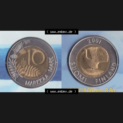 Münzen Finnland / SUOMI Eurovorläufer, Umlaufmünze vor Euroeinführung 2001, 10 Mark, Markkaa. Rückseite und Vorderseite horizontal nebeneinander zusammengefügt,... Sammlung