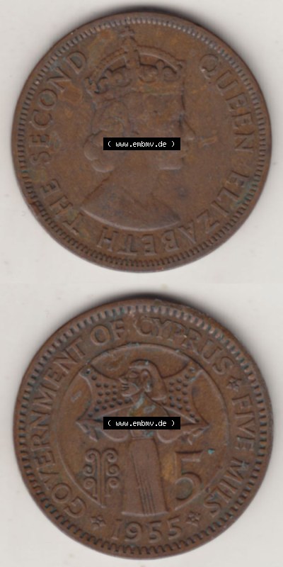 Münzen Zypern / Cyprus Eurovorläufer, Umlaufmünze vor Euroeinführung 1955-1956, 5 Mils 1955 (8) Sammlung