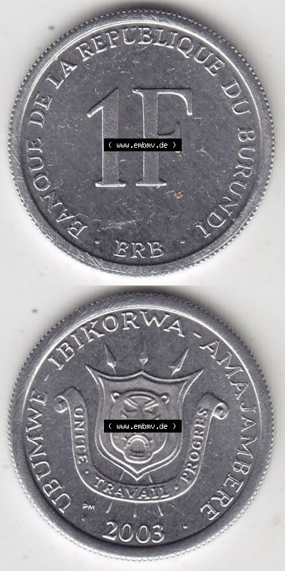 Münzen aus Afrika Burundi Umlaufmünze 1976-2003, 1 France Franken 2003 (4) Sammlung