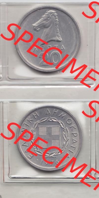 Münzen Griechenland Eurovorläufer, Umlaufmünze vor Euroeinführung 1976 , 20 Lepta. VS+RS auf einen Bild/Foto,, untereinander angeordnet,... Sammlung